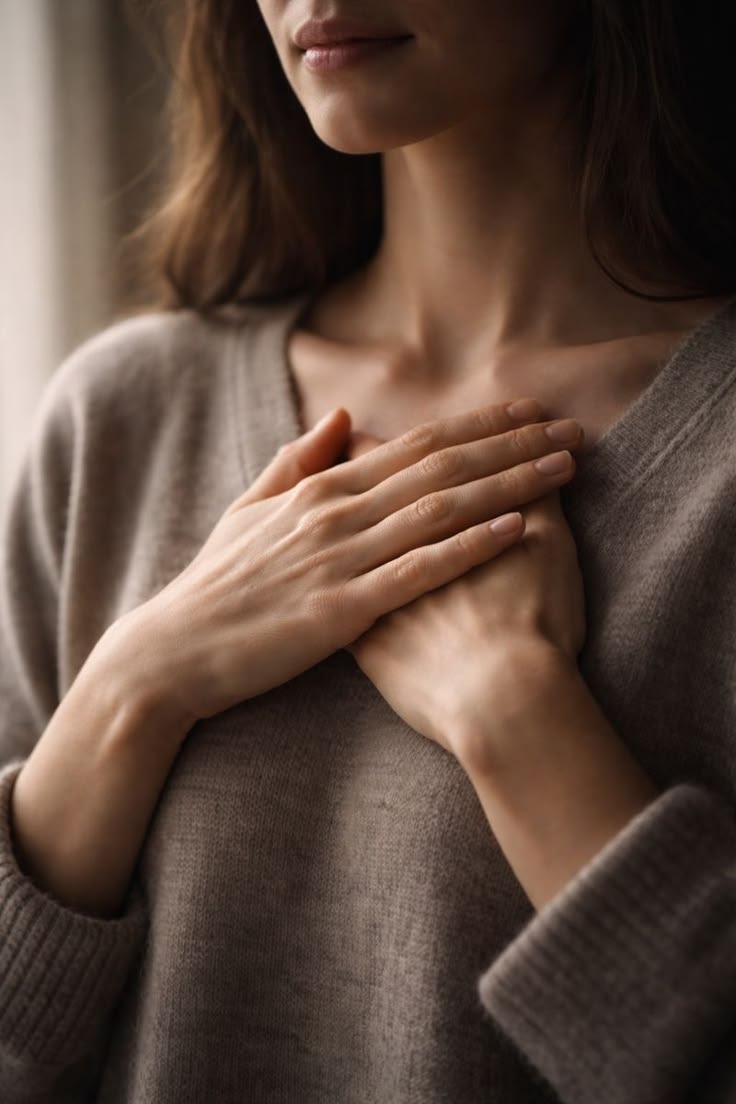 Mulher com as mãos cruzadas sobre o peito, em gesto de presença e acolhimento
